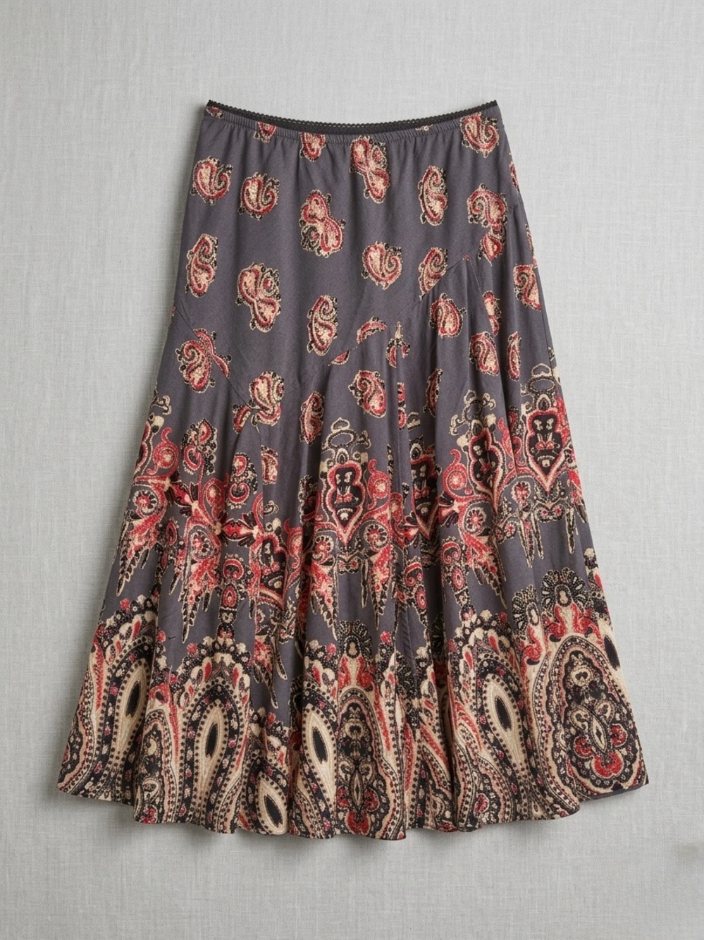 lola Paisley Maxi Skirt in Gray with Red and Cream